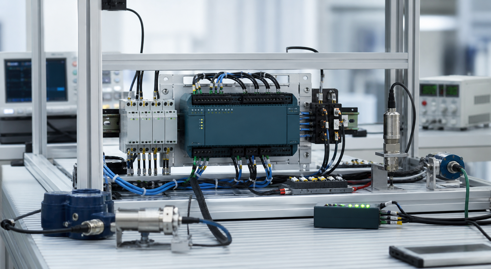Industrial monitoring controller connected to sensors and interface modules during system integration testing